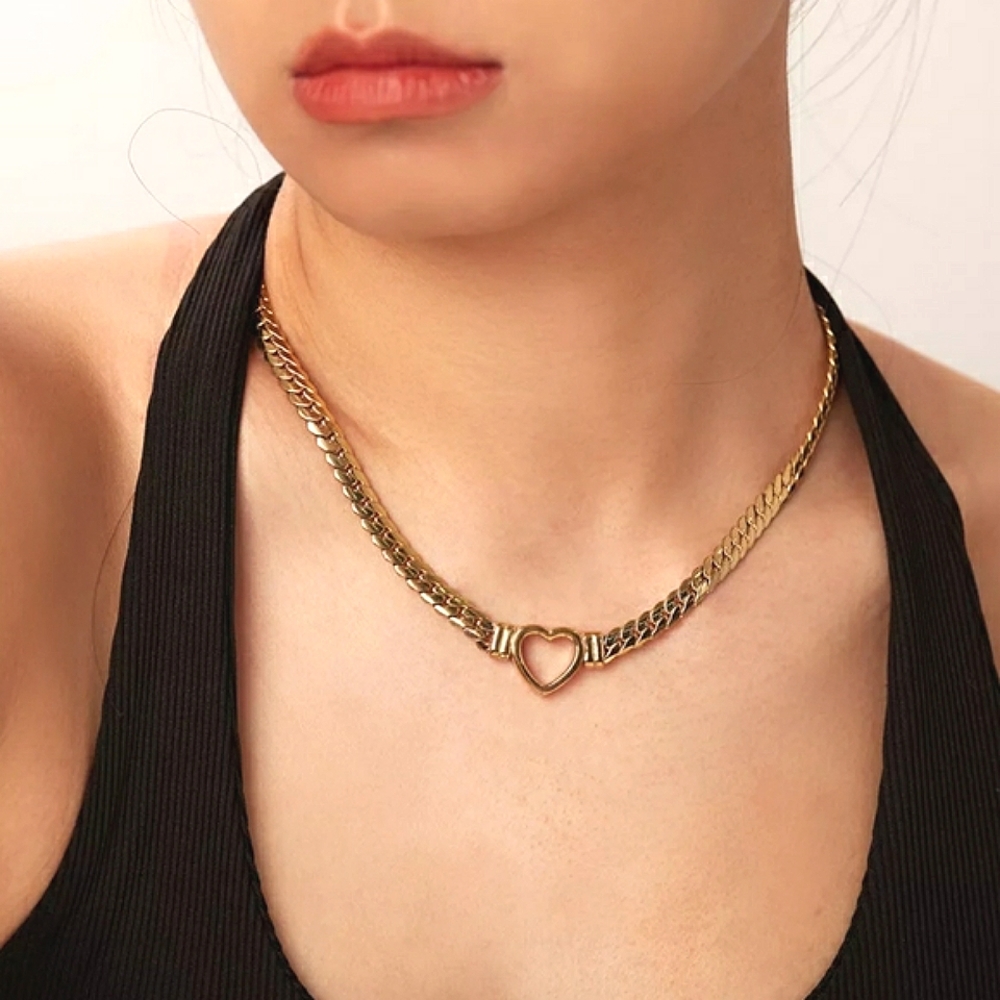 NEW Waterproof 18K Gold Plated Hollow Heart Snake Chain Necklace - Picture 2 of 11